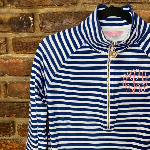 Lilly Pulitzer Skipper Popover Navy Blue Striped Half-Zip Sweatshirt Size XS - Picture 3 of 8